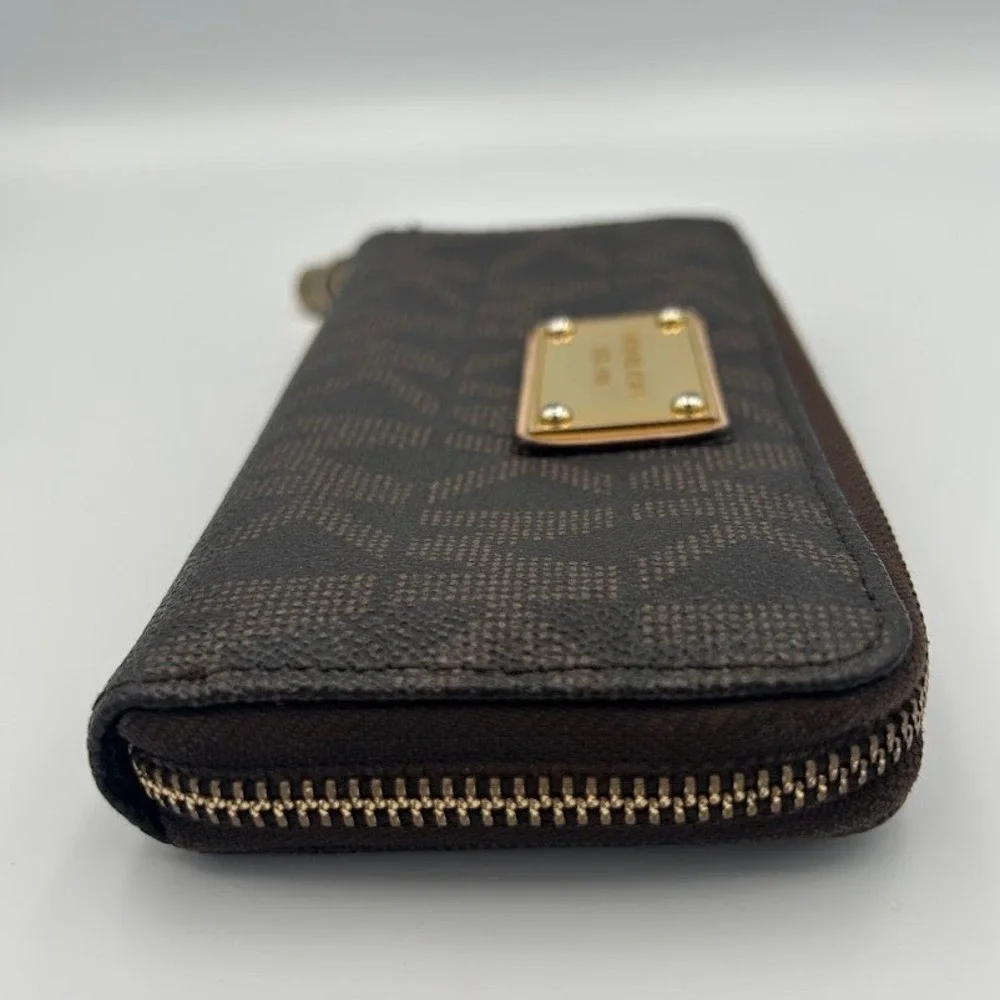 Michael Kors Dark Brown‎ Monogram MK Logo Zip Around Wallet Goldtone Hardware